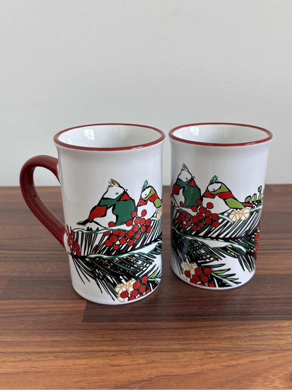 Set of 2 Harry And David Tall Christmas Mug Birds Pine Holly Berries